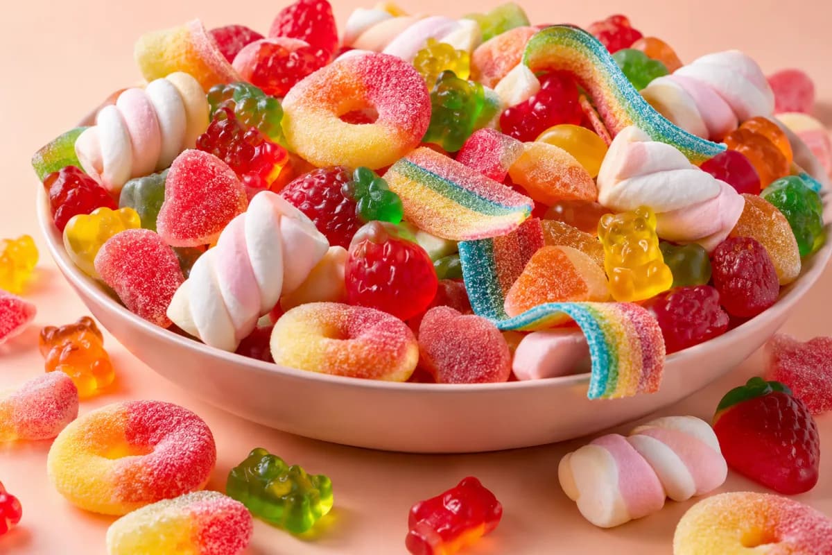 A bowl of gummy sweets, marshmallow twists and sour rainbow belts