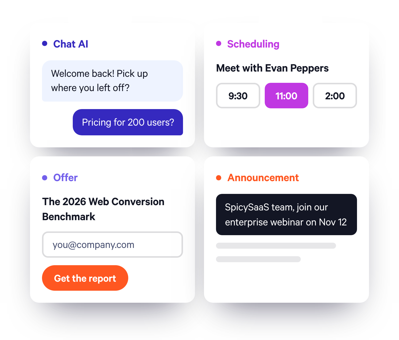 Web Experiences: four ways to engage, Chat AI, Scheduling, an Offer and an Announcement