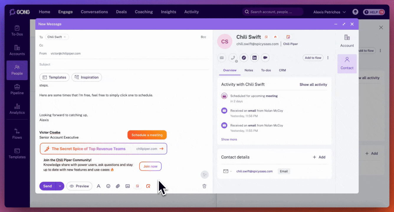 Book meetings directly from Gong Engage