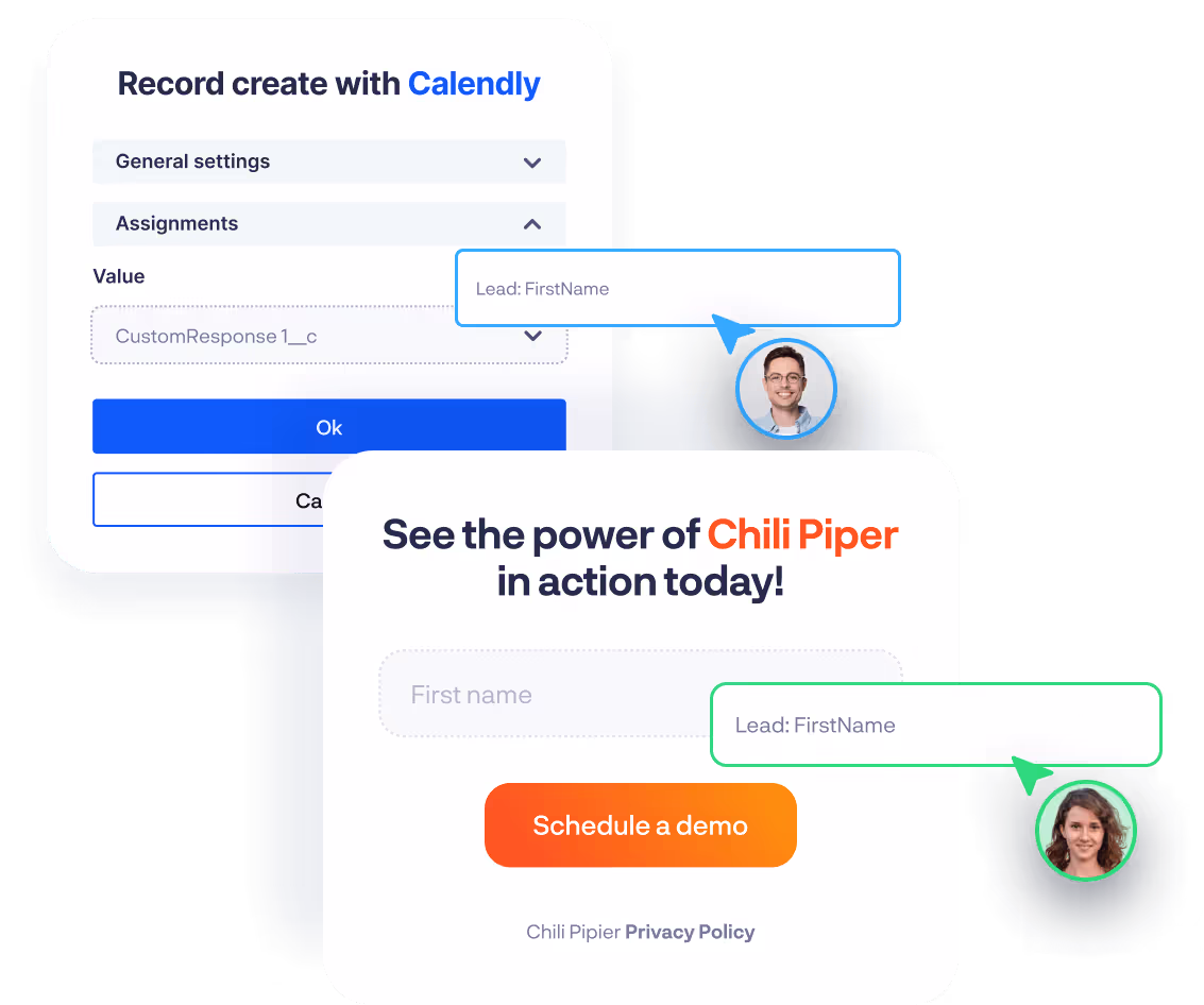 Calendly's CustomResponse field mapping next to Chili Piper mapping straight to Lead: FirstName