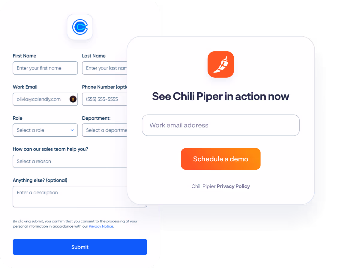 A long Calendly qualification form next to Chili Piper booking a demo from a single email field
