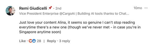 Remi Giudicelli: Just love your content Alina, it seems so genuine I can't stop reading every time there's a new one.