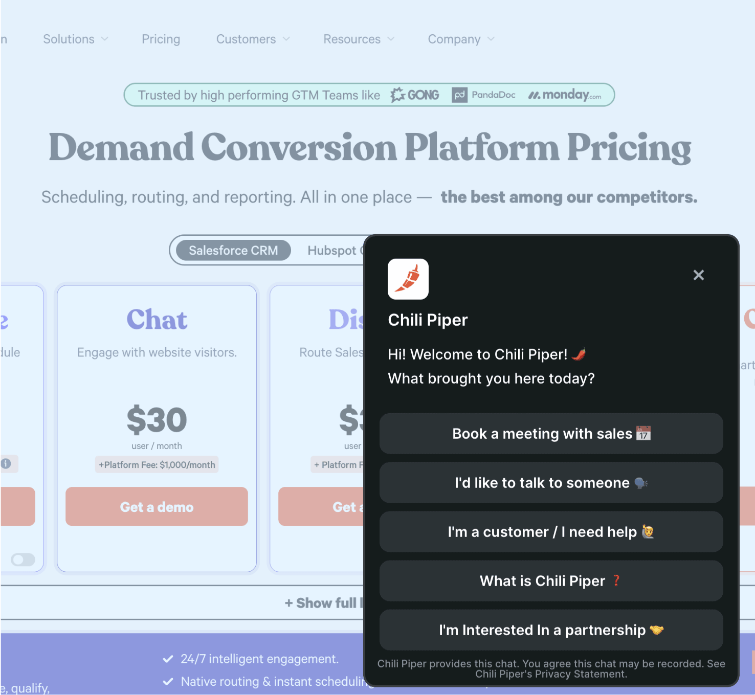Chili Piper Live Chat routing a website visitor to an available rep for a real-time conversation
