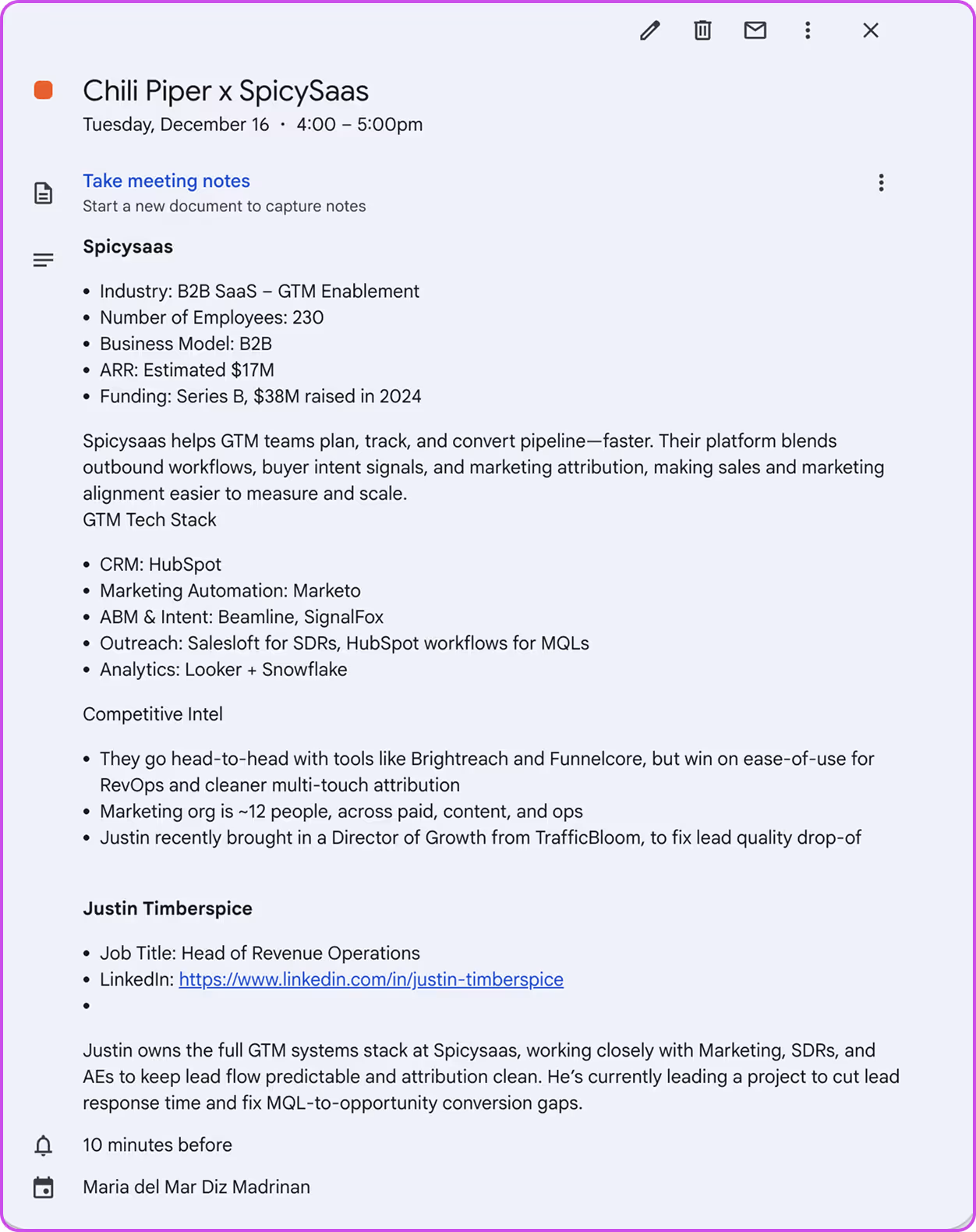 Calendar with Meeting Prep brief
