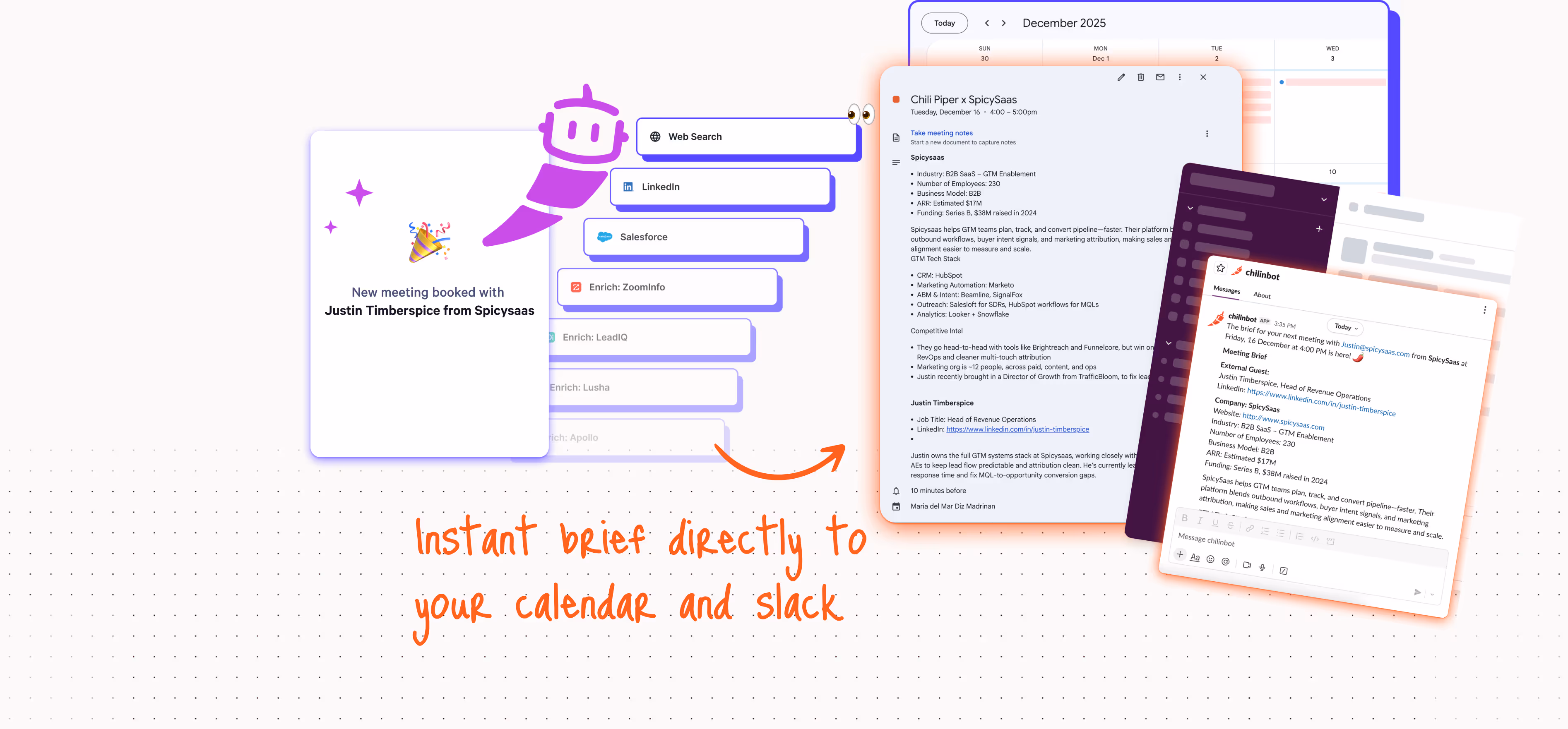 Meeting Prep AI Agent interface — instant brief delivered to your calendar and Slack
